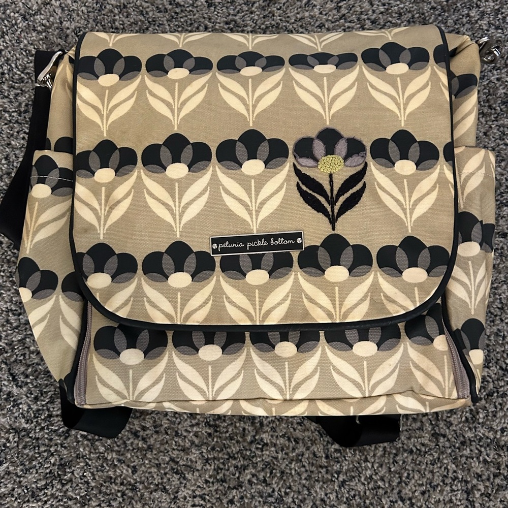 Petunia Pickle Bottom Floral Patterned Diaper Bag / Backpack in Tan & Black